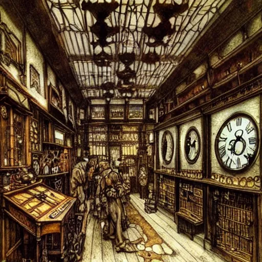 Image similar to interior of a steampunk clock shop, father time, wooden grandfather clocks everywhere, realistic, very intricate masterpiece by arthur rackham