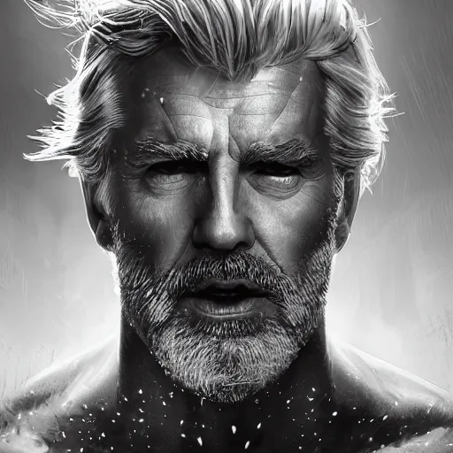 Prompt: painted portrait of rugged [ trump ], god of thunder, greek god, white hair, masculine mature ruggedly handsome beefy brawny [ chest hair ] upper body torso robe, american flag background bokeh, fantasy intricate elegant highly detailed digital painting, artstation, concept art, smooth, atmospheric lighting sharp focus illustration art by craig mullins greg rutkowski