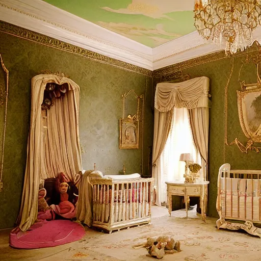 Image similar to !dream The scene is set in a grandiose nursery, with high ceilings and walls adorned with expensive paintings. The room is filled with the crying of obese babies, who are crawling and playing with toys. In the center of the room is a large, ornate crib, where an obese baby is sleeping peacefully. Nearby, a unfashionable maid is feeding another baby from a ornate bottle. The atmosphere is happy and festive. Photography.