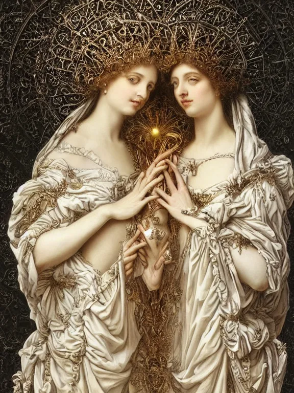 Image similar to a beautiful render of two baroque catholic veiled queen with symmetry intricate detailed heart,sculpture,pray,love,by Maria Mirage,Lawrence Alma-Tadema,peter gric,aaron horkey,Billelis,trending on pinterest,hyperreal,gold,silver,ivory,maximalist,glittering,golden ratio,cinematic lighting