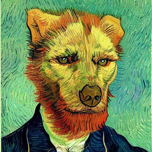 Image similar to retarded wolf portrait, van gogh, complimentary colors