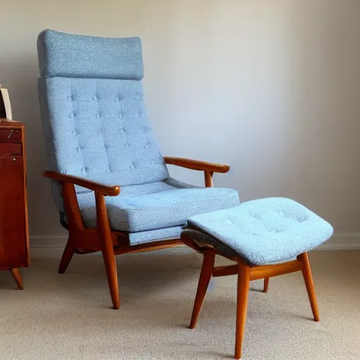 Image similar to a soft comfortable long chair, birch wood, tall, mid century modern, with an antique blue cotton ottoman