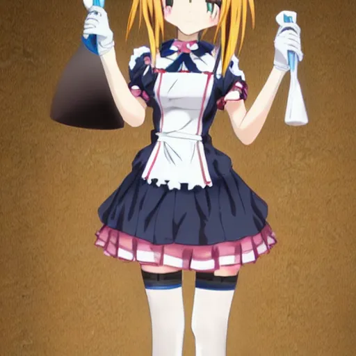 Prompt: christian catgirl maid doing her chores, anime style, frilly outfit