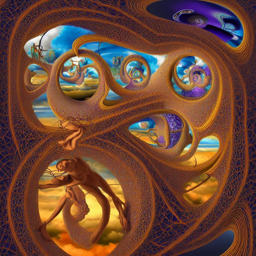 Image similar to 3 d render of infinite fractals of consciousness, recursion, symbols, surreal, by salvador dali and mc escher and alex grey, oil on canvas, hd, dreams, intricate details, warm colors, octane render