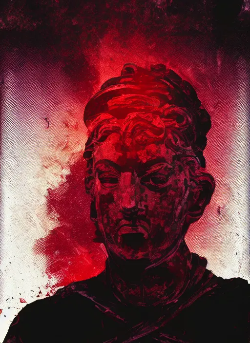 Image similar to dark design poster showing a close up of a heroic greco roman statue, black background with very subtle red and purple design elements, powerful, nekro, vito acconci, thin straight lines, dark, glitch art, neo vaporwave, gritty, layout frame, square, trending on artstation