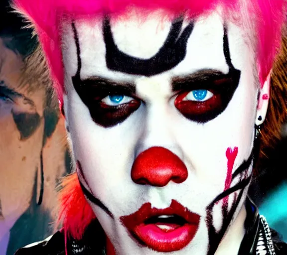 Image similar to color still shot of justin bieber lead singer performing in music group insane clown posse, face closeup