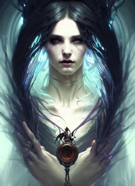 Image similar to Necromancer Sorceress, fantasy magic, undercut hairstyle, dark light night, intricate, elegant, sharp focus, illustration, highly detailed, digital painting, concept art, matte, art by WLOP and Artgerm and Greg Rutkowski and Alphonse Mucha, masterpiece