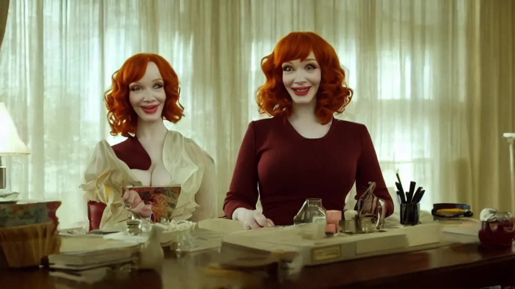 Image similar to a very happy beautiful Christina Hendricks in the living room, film still from the movie directed by Denis Villeneuve with art direction by Salvador Dalí, wide lens