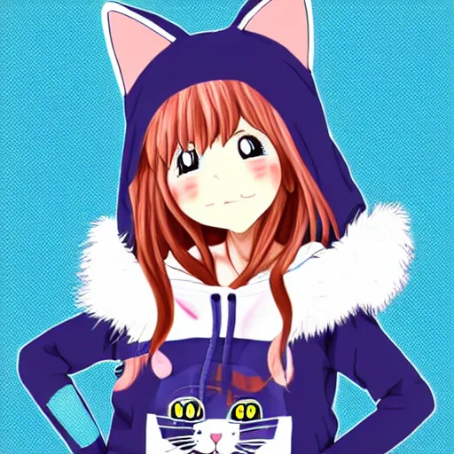 Image similar to a cute anime girl wearing a cat hoodie in the style of america mcgee's alice