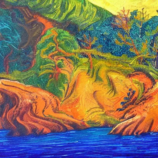 Image similar to detailed painting of a lush natural scene on an alien planet by stephen quiller. beautiful landscape. weird colourful vegetation. cliffs and water.