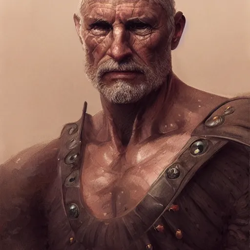 Prompt: portrait of a 6 0 year old male fighter, fantasy, intricate, elegant, highly detailed, digital painting, artstation, concept art, matte, sharp focus, illustration, art by aenaluck and roberto ferri and greg rutkowski, epic fantasy, digital painting