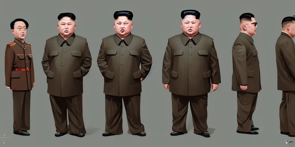 Image similar to kim jong un, character sheet, concept design, contrast, kim jung gi, greg rutkowski, zabrocki, karlkka, jayison devadas, trending on artstation, 8 k, ultra wide angle, pincushion lens effect