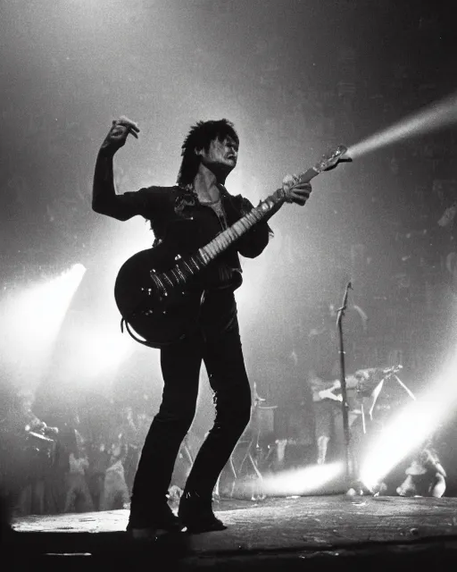 Image similar to sixty years old viktor tsoi with guitar in his hands, photo, microphone, rock concert, black and white, iso 6 0 0, 3 5 mm, codac gold