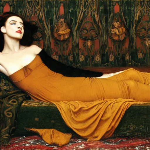 Image similar to preraphaelite photography reclining on bed, a hybrid of a hybrid of judy garland and liza minelli and a hybrid of lady gaga and nicole richie, aged 2 5, big brown fringe, wide shot, yellow ochre ornate medieval dress, john william waterhouse, kilian eng, rosetti, john everett millais, william holman hunt, william morris, 4 k