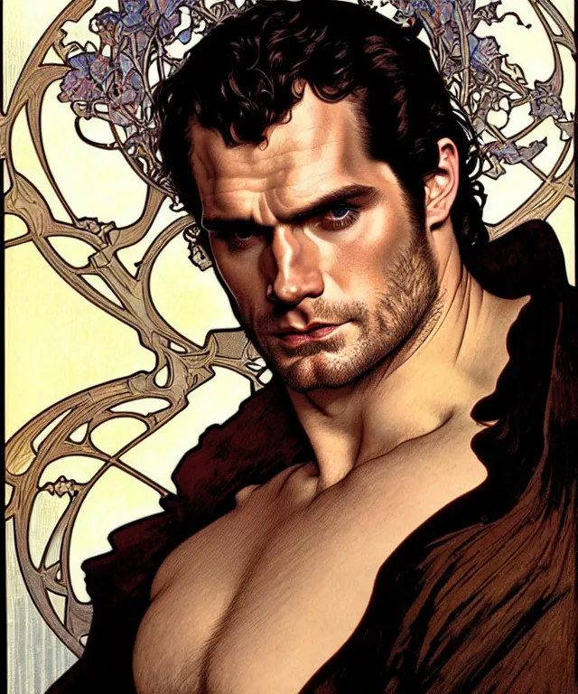 Prompt: realistic detailed head and shoulders portrait of henry cavill as a vampire by alphonse mucha, ayami kojima, amano, greg hildebrandt, and mark brooks, male, art nouveau, neo - gothic, gothic