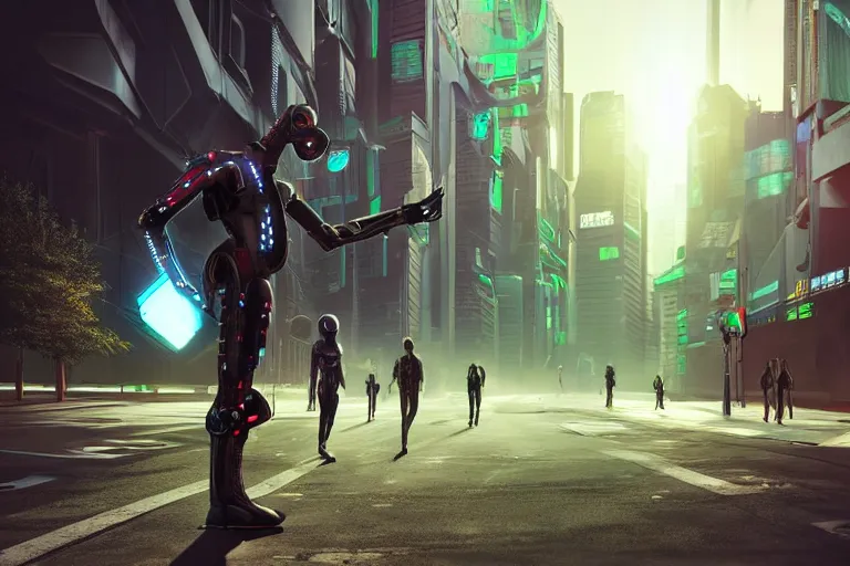 Image similar to cyberpunk alien concept inspired street, futuristic look, highly detailed body, very powerful, photorealistic camera shot, bright studio setting, studio lighting, crisp quality and light reflections, unreal engine 5 quality render