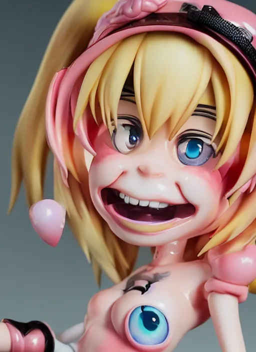 Prompt: a grotesque oil painting of a looney kawaii vocaloid figurine caricature with a big dumb goofy grin, rosy cheeks with freckles, and pretty sparkling anime eyes featured on Spitting Image by Makoto Shinkai