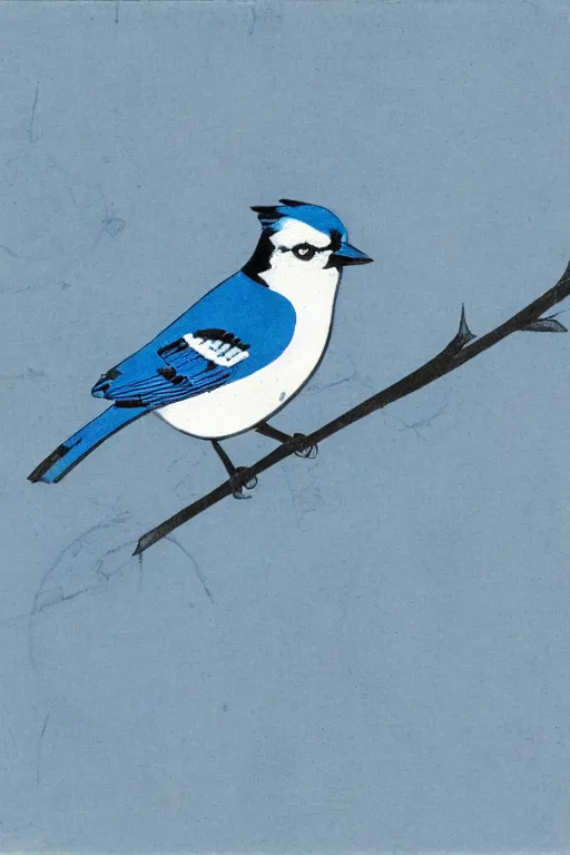 Prompt: a blue jay sitting on top of a tree branch, an illustration of by laszlo moholy - nagy, behance, sosaku hanga, cyanotype, photoillustration, calotype