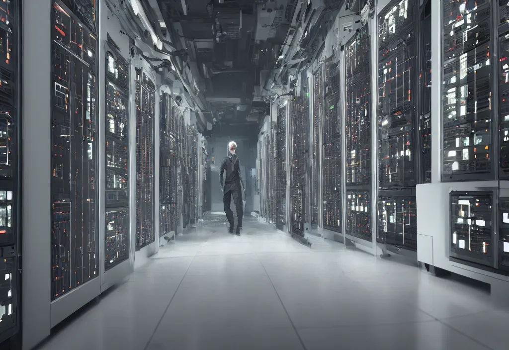 Image similar to shot of film cyborg walking in server room in datacenter by yoichi hatakenaka, octane render 8 k, detailed, beautiful composition, cyberpunk colors