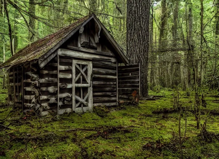 Prompt: a creepy wooden shack in the middle of a forest, dark, shadows, moss, rotting wood, cinimatic, scary