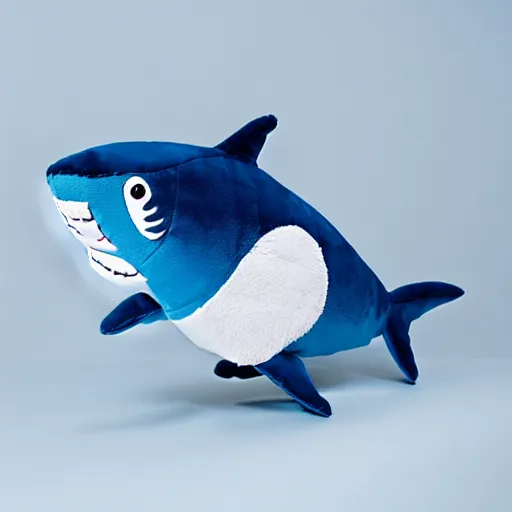 Image similar to beautiful photograph of a cute minimal bright - blue shark plush, advert, magazine, studio