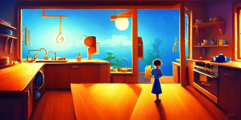 Prompt: spiral lines, naive nerikomi, weird perspective, extra narrow, detailed illustration of a kitchen dimly lit by rhads from lorax movie, trending artstation, true color, fisheye, moonlight