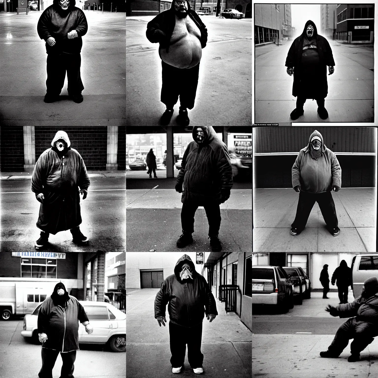 Prompt: old overweight homeless sub zero from mortal kombat shot by bruce gilden on a parking lot, overexposed, grainy, magnum photos