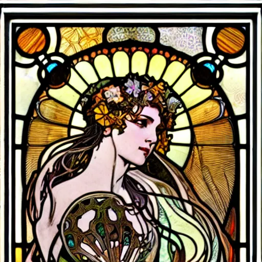 Prompt: goddess of dirt, burning man, intricate, stained glass by alphonse mucha