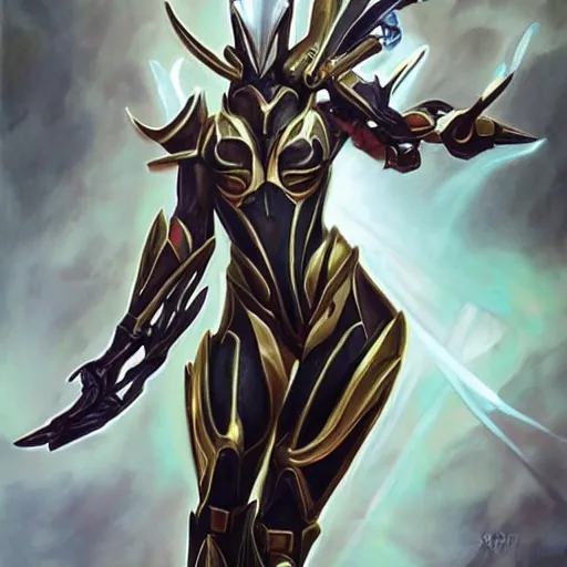 Image similar to Stunning painting of Saryn Prime warframe doing an elegant pose