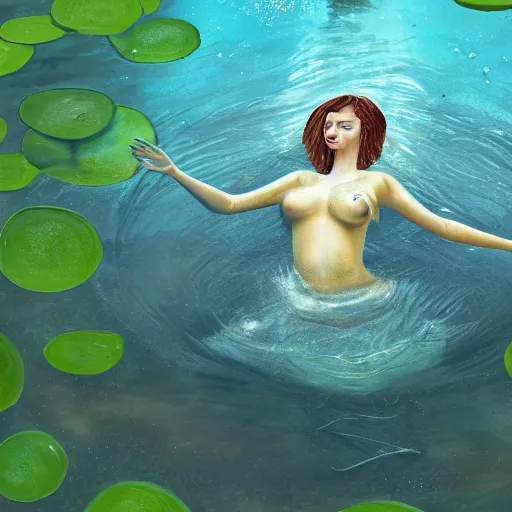 Image similar to A woman submerged underwater, you can only see her face from an aerial view with lily pads surrounding her as her hand reaches out to you, artistic digital art, very opaque, gloomy style, oil paints and pastel highlights, trending on artstation, artstationHD, artstationHQ, 4k, 8k