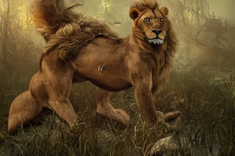 Image similar to CROSS HYBRID between lion and SNAKE roaming the swamps, cinematic, digital art, photorealistic, artstation