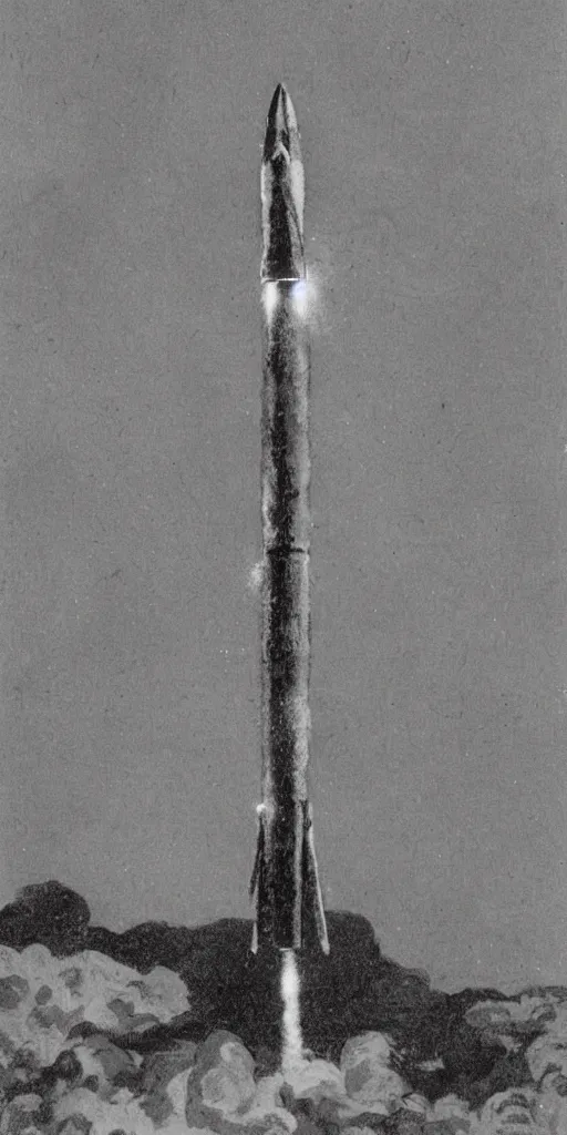 Image similar to primitive rocket launch in the style of hugh ferriss