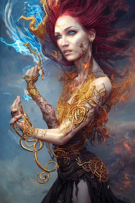 Image similar to beautiful girl sorcerer covered with fire and golden dragon skin, celtic rune tattoos, casting magic spell, angel, fantasy, magic the gathering, hyper detailed, 3 d render, hyper realistic detailed portrait, peter mohrbacher, wlop, ruan jia, luis royo