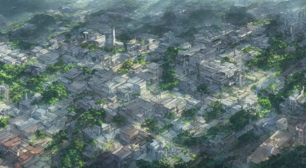 Image similar to The City Surrounded by Limestone Hills, Ipoh, Anime scenery concept art by Makoto Shinkai