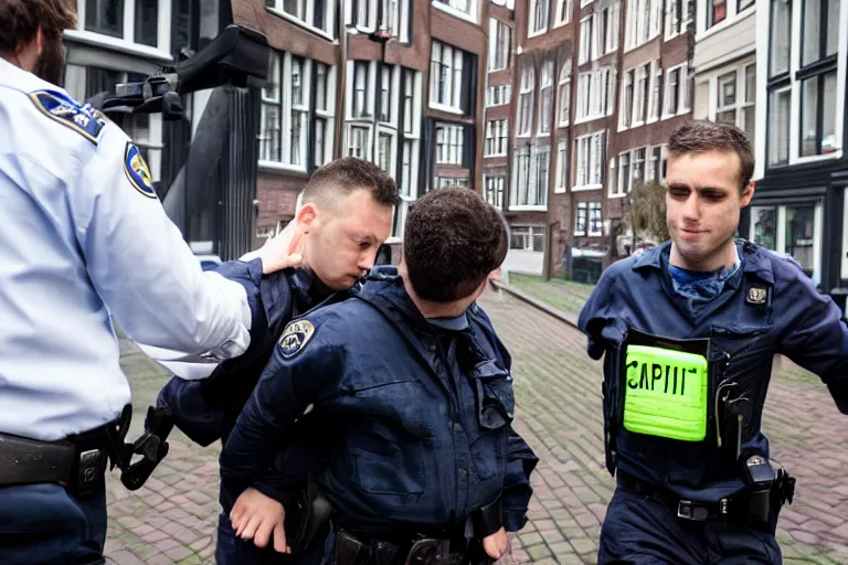 Image similar to photography of an ethereum developer being arrested by in amsterdam for writing a smart contract, robert capa