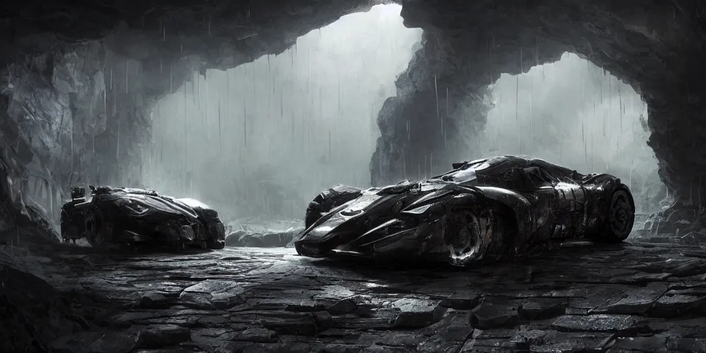 Image similar to the batmobile standing in a very dark and wet cave. highly detailed. intricate. mist. atmospheric. octane render. rim light. photoreal. 8 k. monochrome. cinematic. matte painting imagined by craig mullins and greg rutkowski. concept art, trending on artstation.