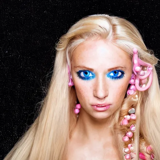 Image similar to close up headshot of a princess with long blonde hair and light blue eyes wearing a strapless elaborately beaded pink dress, high resolution film still, 8k, HDR color, film by Simon Langton and David Frankel, triangular face, slight freckles, round narrow chin, straight jawline, natural lips, high cheekbones