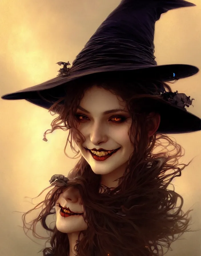 Image similar to halloween witch woman in a hat smiles, fantasy magic, undercut hairstyle, dark light night, intricate, elegant, sharp focus, illustration, highly detailed, digital painting, concept art, matte, art by wlop and artgerm and greg rutkowski and alphonse mucha, masterpiece