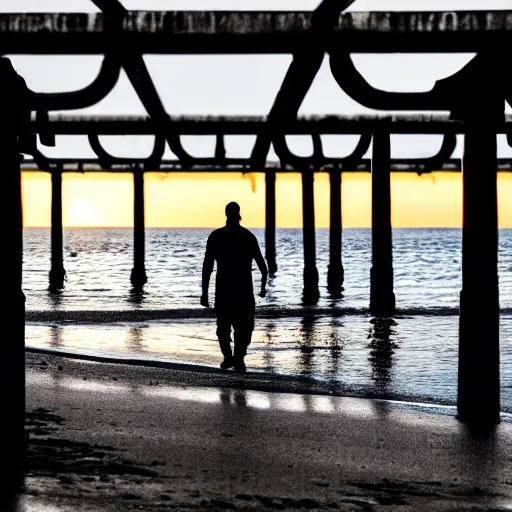 Image similar to a blurry photograph of a humanoid silhouette walking on the beach, taken from under a pier, pillars in the foreground, real, realistic, 4 k, photography