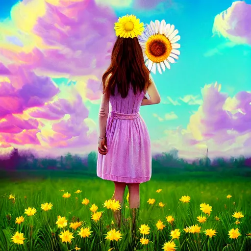 Image similar to daisy flower for a head, portrait of girl in flower field, holding daisy, surreal photography, sunrise, impressionist painting, colorful clouds, digital painting, artstation, simon stalenhag, flower face