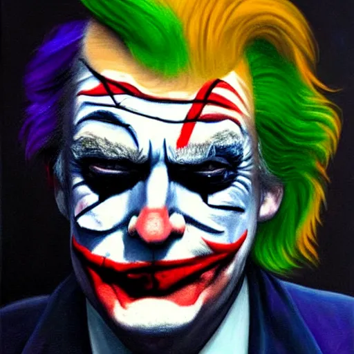 Prompt: donald trump with his face painted like the joker, oil painting, detailed, realistic,