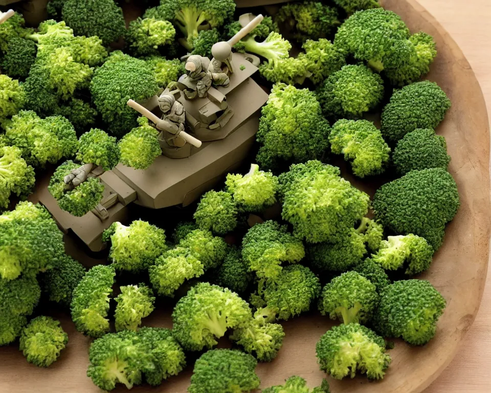 Image similar to close-up, hi-res photo of miniature toy soldiers operating a tank made out of broccoli.