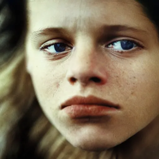 Image similar to a candid extreme closeup portrait of an expressive face of a mind blown young woman by annie leibovitz