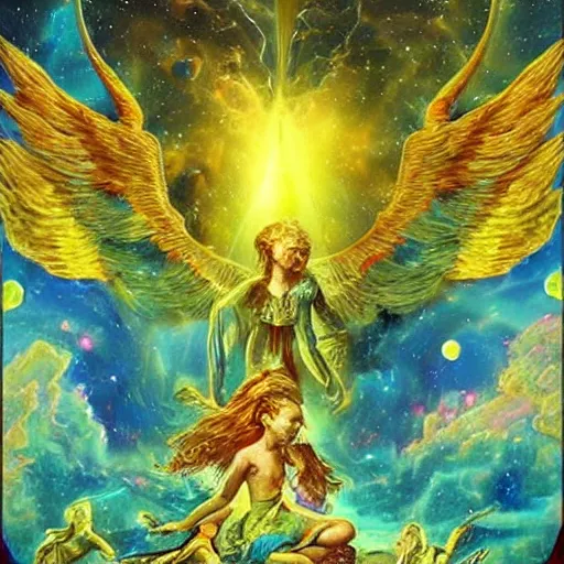 Prompt: ANGELS ON EARTH, angels coming down to earth to save life from corruption and evil, green pirate ship with yellow neon angels, cosmic nebula clouds