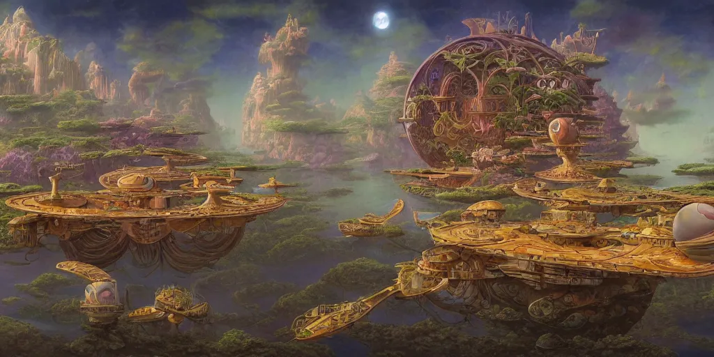 Prompt: a beautiful render of a floating society by hubert robert and daniel merriam and roger dean and jacek yerka, alex grey style, soft lighting, 4 k hd wallpaper