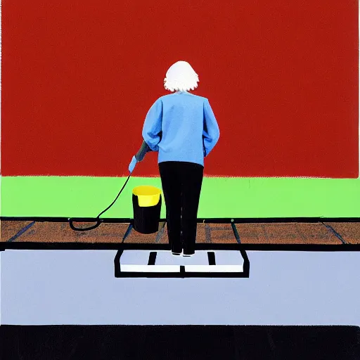 Prompt: woman from behind in leather taking out the trash in a dark room, dramatic light, painted by david hockney and jonas wood, behance contest winner, retrofuturism, photorealistic,