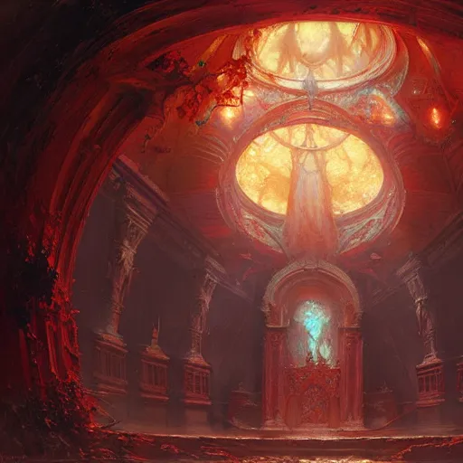 Image similar to a chapel's ceiling is broken in half as a red magical portal from hell opens up there. highly detailed painting by gaston bussiere, greg rutkowski, craig mullins 8 k