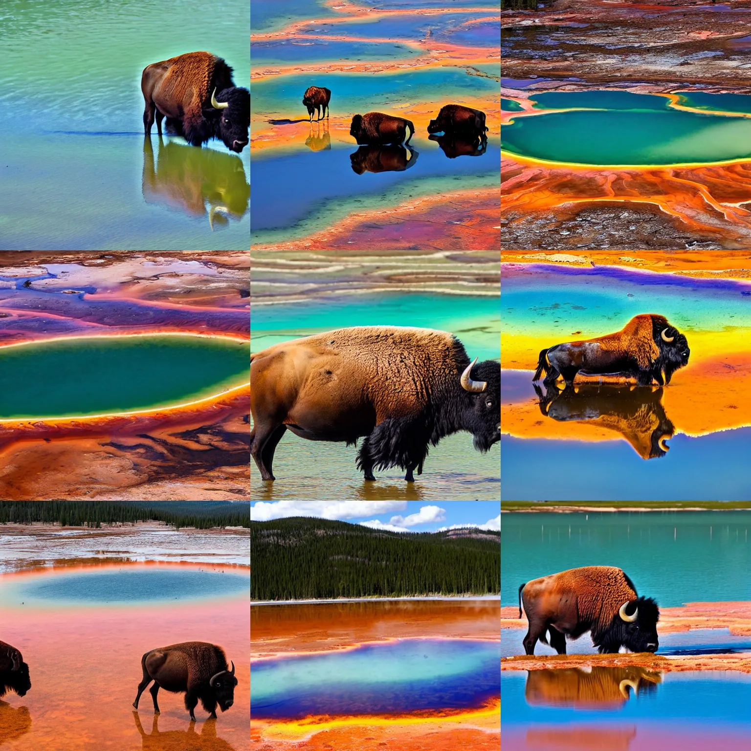 Prompt: bison swimming in grand prismatic spring