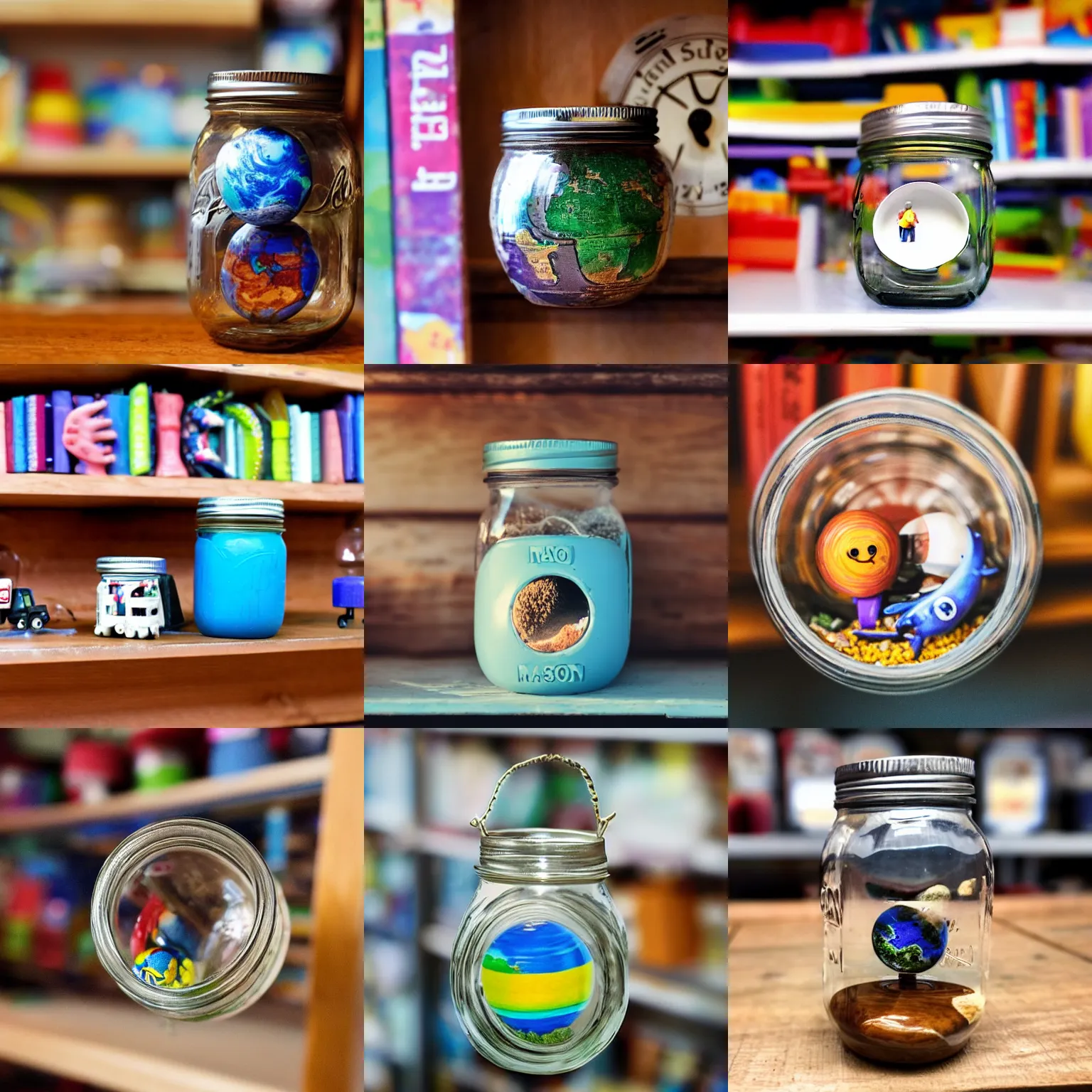 Prompt: A tiny planet Earth inside a mason jar, on a toy store shelf