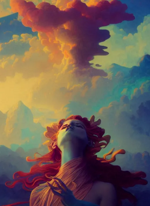 Image similar to goddess of clouds and mountains, concept art, symmetrical, trending on artstation vivid color, complementary color, golden ratio, detailed, sharp lines, intricate, rainbowshift by andrei riabovitchev, by peter mohrbacher, by gustave dore, by maxfield parrish, by alphonse mucha, deviantart, octane render